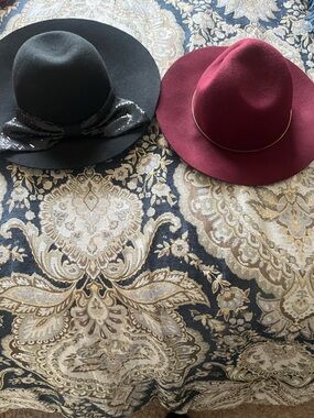 Pair of Wide Brim Felt Hats - Black and Burgundy